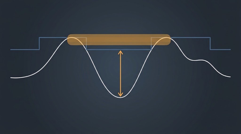 Curva del valor de una cuenta con su banda de máximos acumulados, la distancia vertical que marca la caída máxima y el tramo horizontal de meses bajo el agua hasta recuperar el pico